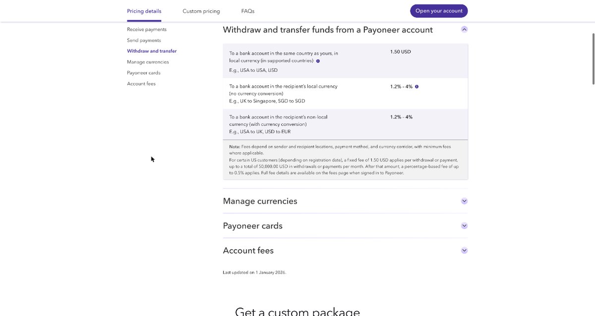 Payoneer withdrawal fees to a local bank account and cross-currency transfers