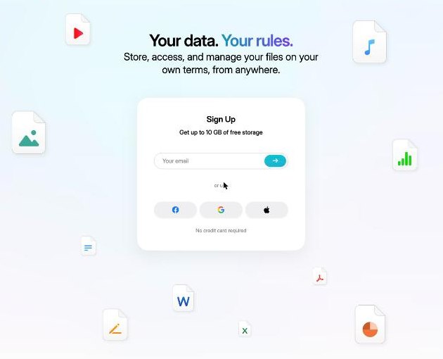 pCloud homepage with a sign-up box offering up to 10 GB of free storage