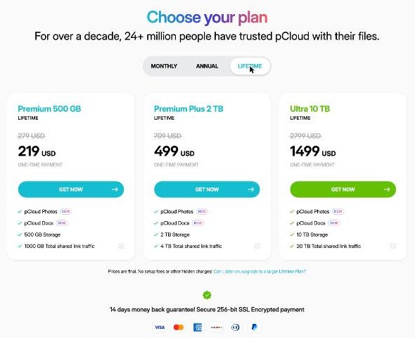 pCloud Lifetime pricing for Premium 500 GB at 219 dollars, Premium Plus 2 TB at 499 dollars and Ultra 10 TB at 1499 dollars