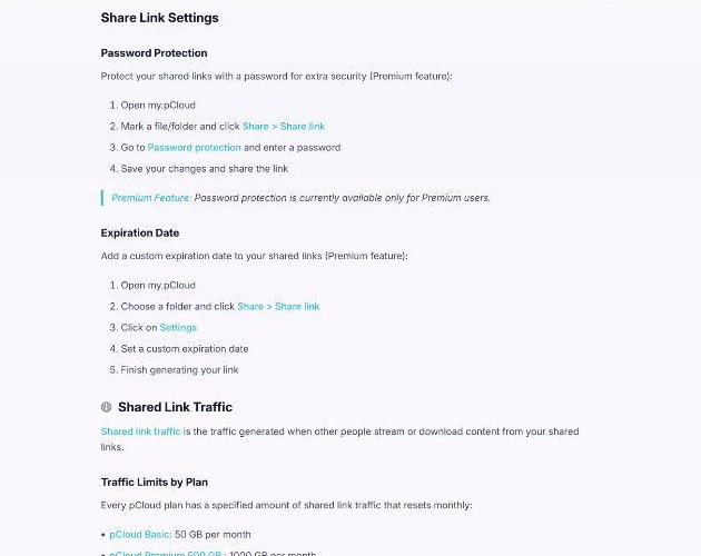 pCloud help article showing share link password protection and expiration date settings, both marked as Premium features