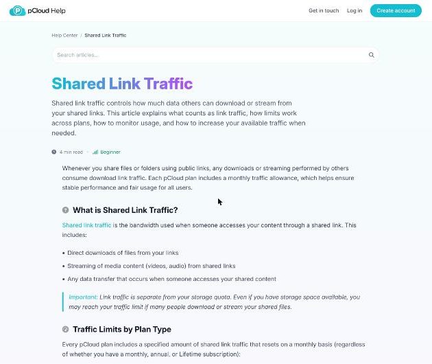 pCloud help center article explaining shared link traffic, what counts toward it and that it resets monthly