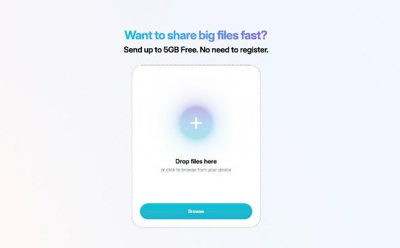 pCloud Transfer page offering to send up to 5 GB free with no need to register