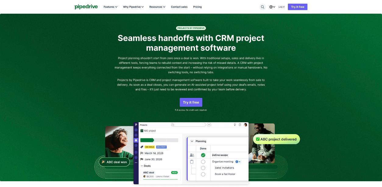 Projects by Pipedrive page describing seamless handoffs from a won deal to a delivery project with planning tasks
