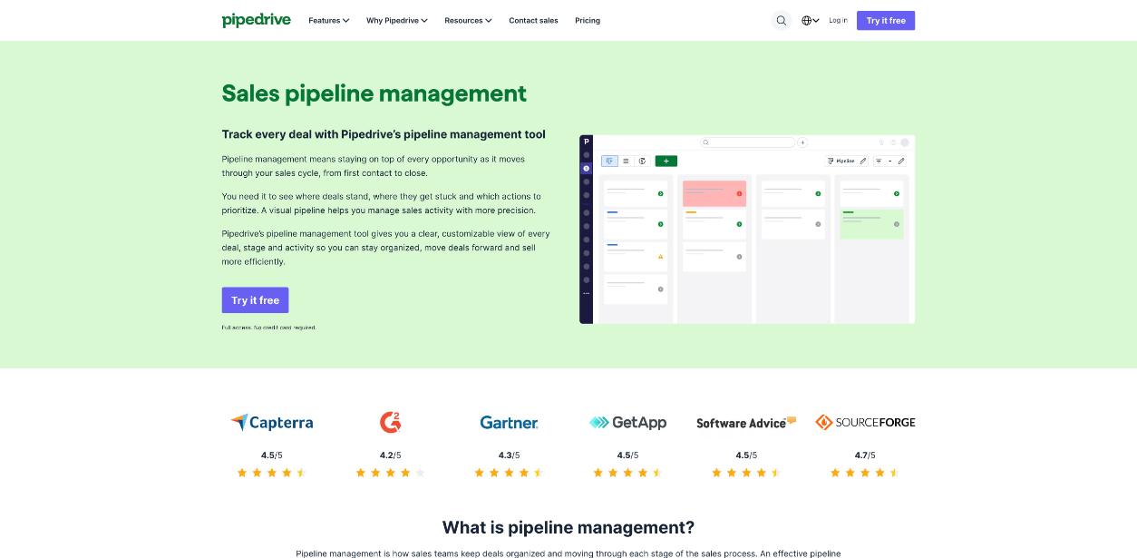Pipedrive sales pipeline management feature page showing a Kanban board of deals arranged in stage columns