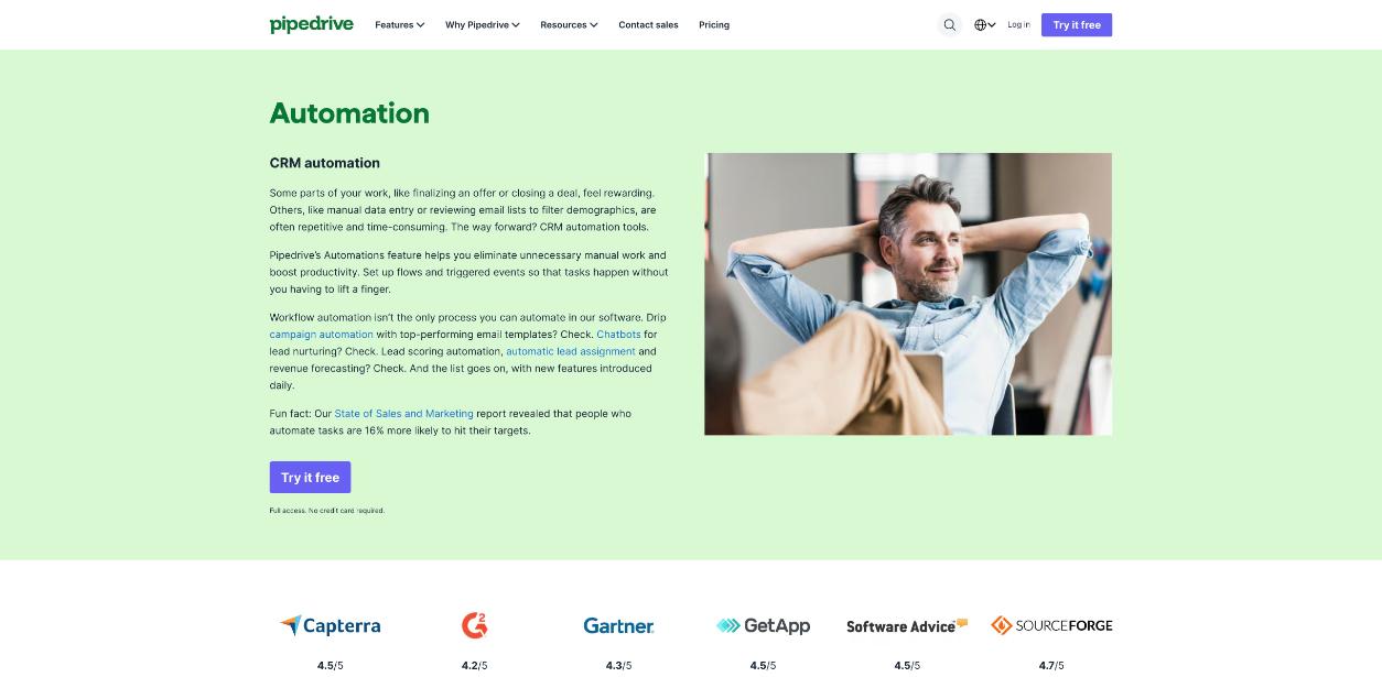 Pipedrive CRM automation feature page explaining automated workflows, triggered events and drip campaigns