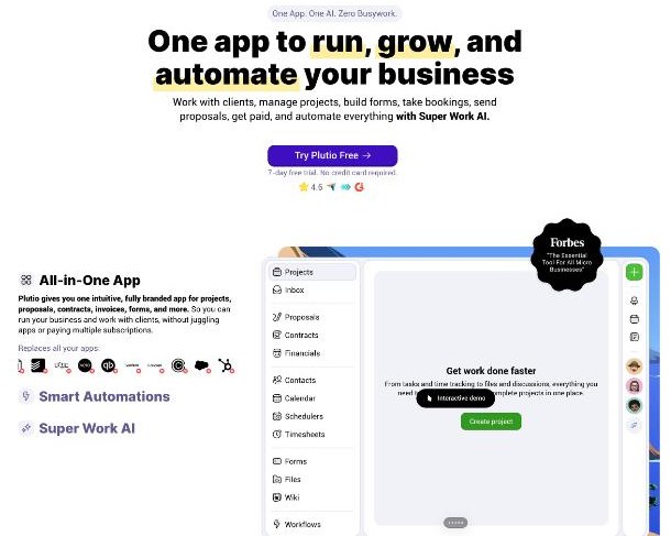 Plutio homepage describing one app to run, grow and automate a freelance business