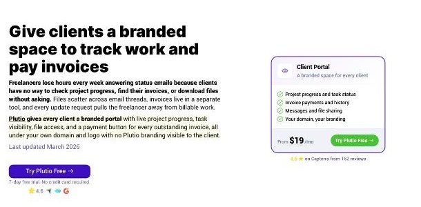 Plutio client portal feature page describing a branded space for clients to track work and pay invoices