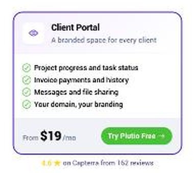 Plutio client portal features: project progress and task status, invoice payments and history, messages and file sharing, your domain and branding