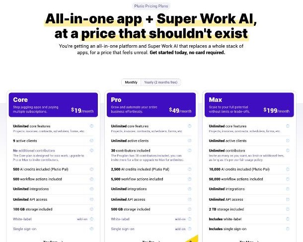 Plutio pricing page comparing Core, Pro and Max plans with client, contributor and AI credit limits