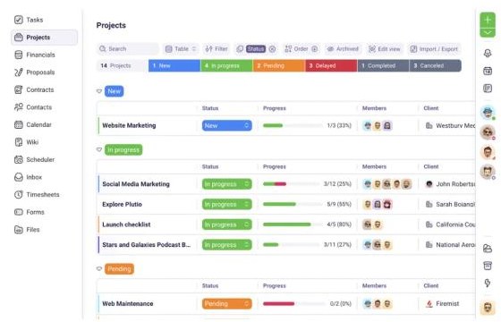Plutio projects view grouped by status with progress bars, members and clients