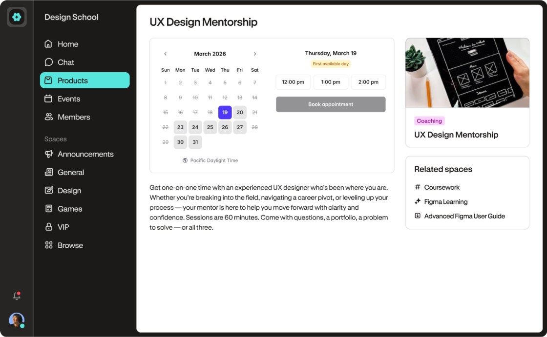 Podia coaching product page with a booking calendar, time slots and related community spaces