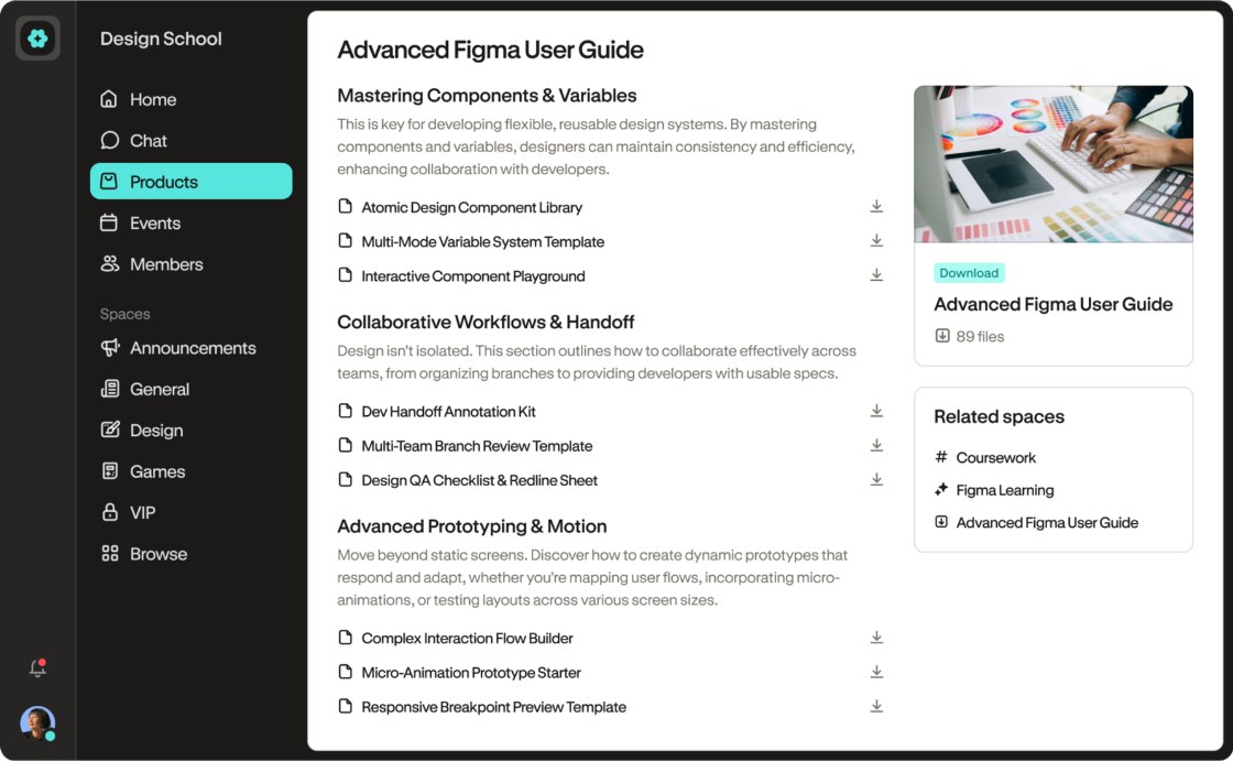 Podia digital download product listing template files grouped into sections