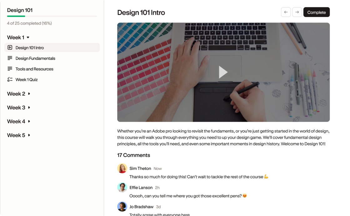 Podia online course lesson view with weekly modules, a quiz lesson, progress bar and lesson comments