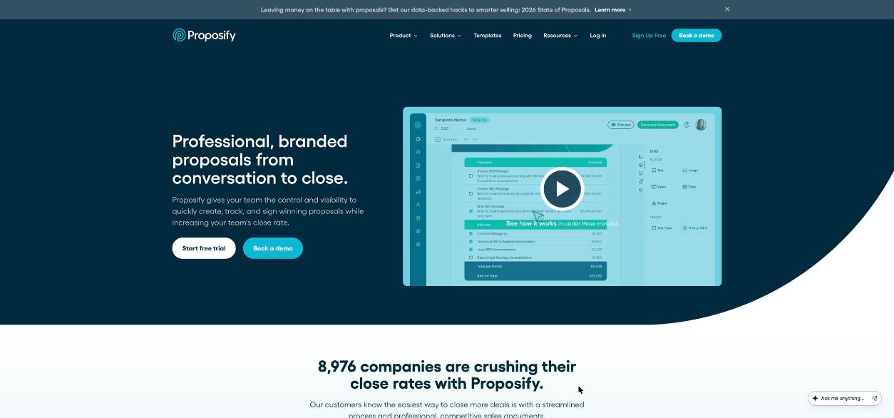 Proposify homepage showing the proposal editor with package options and pricing totals