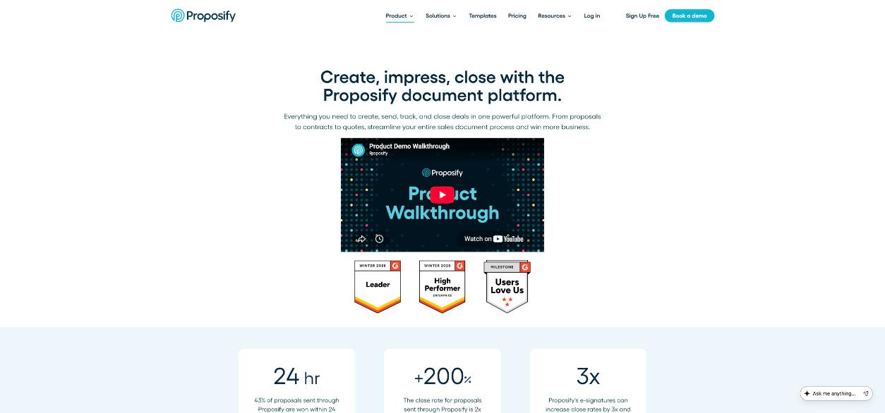 Proposify product overview page with the product walkthrough video and G2 badges