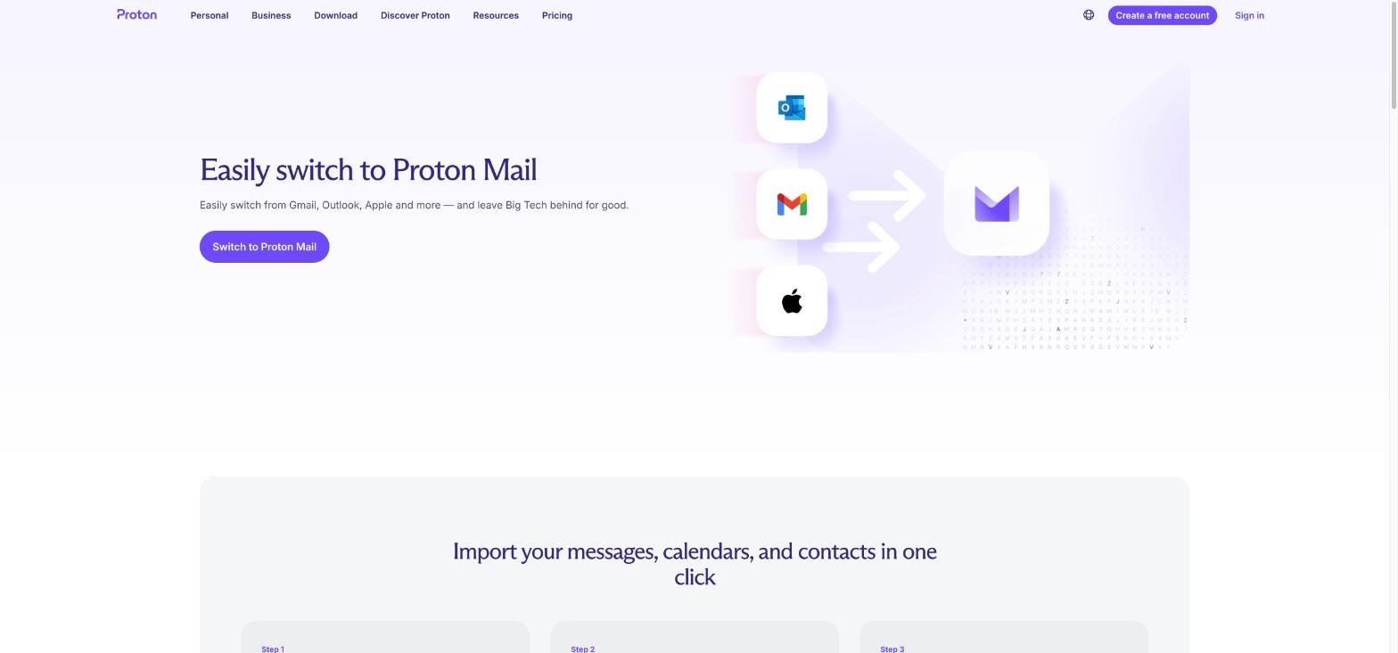 Proton Easy Switch page for importing email from Gmail, Outlook and Apple into Proton Mail