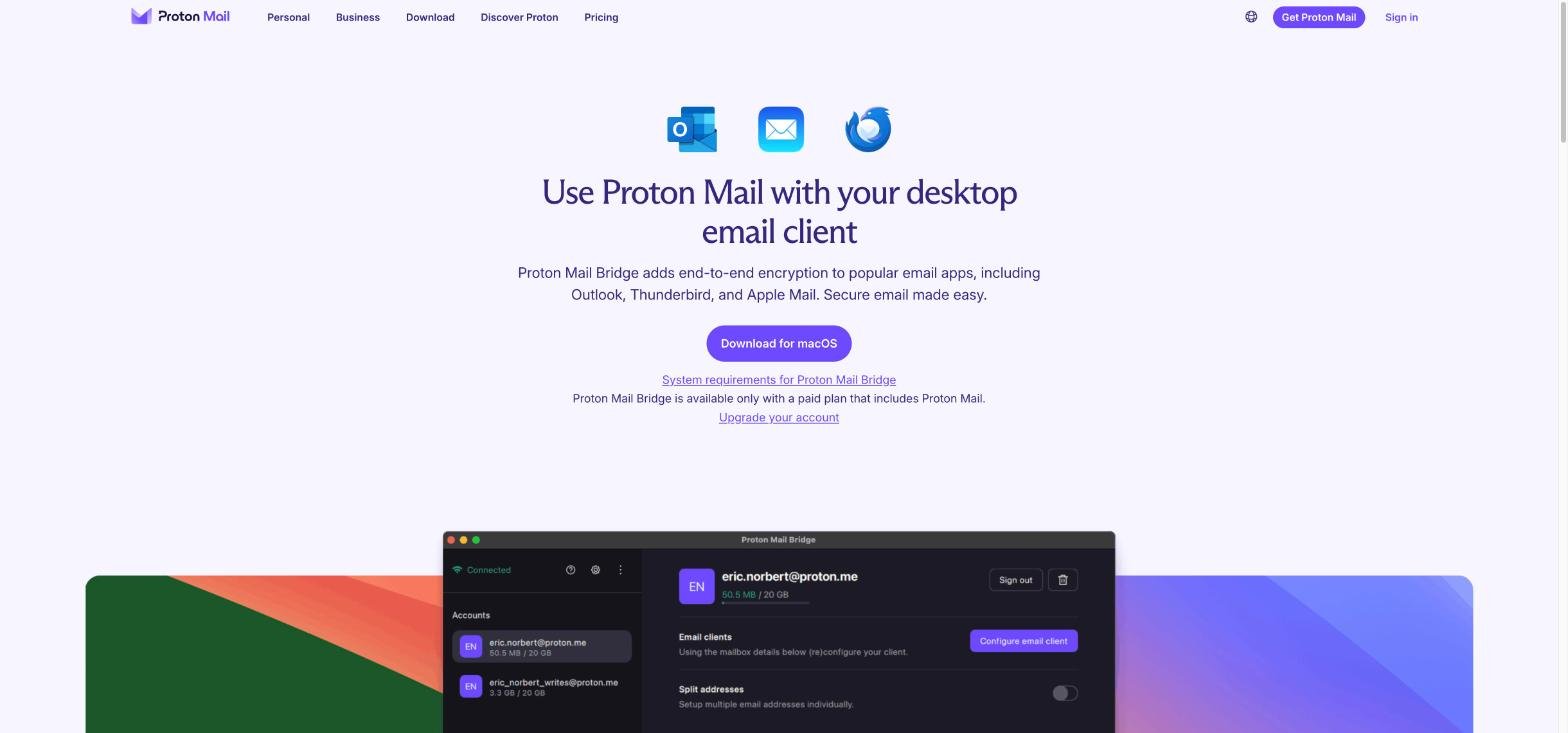 Proton Mail Bridge page: use Proton Mail with your desktop email client such as Outlook, Thunderbird and Apple Mail