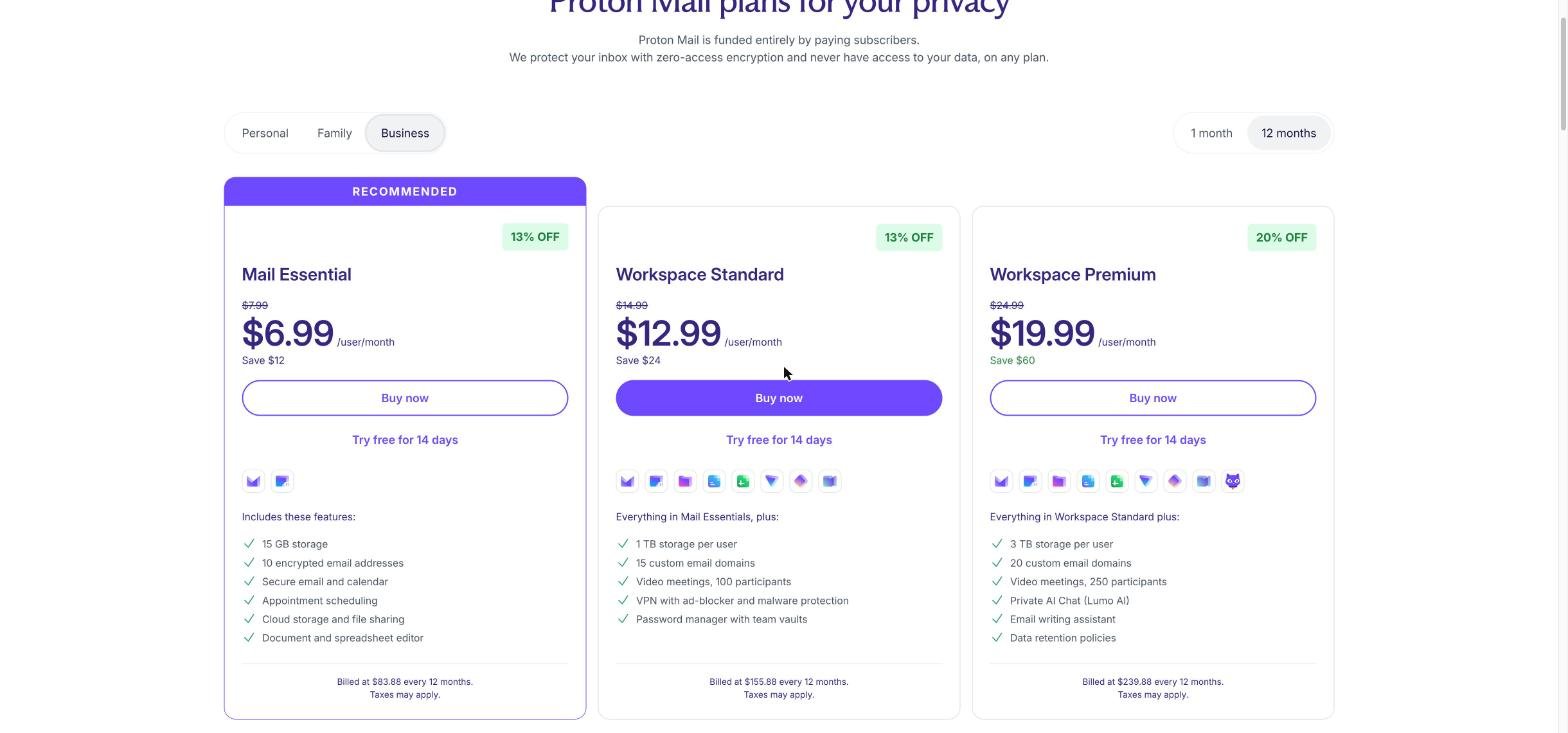 Proton Mail business plans: Mail Essential at $6.99 per user per month, Workspace Standard and Workspace Premium, each with a 14-day free trial
