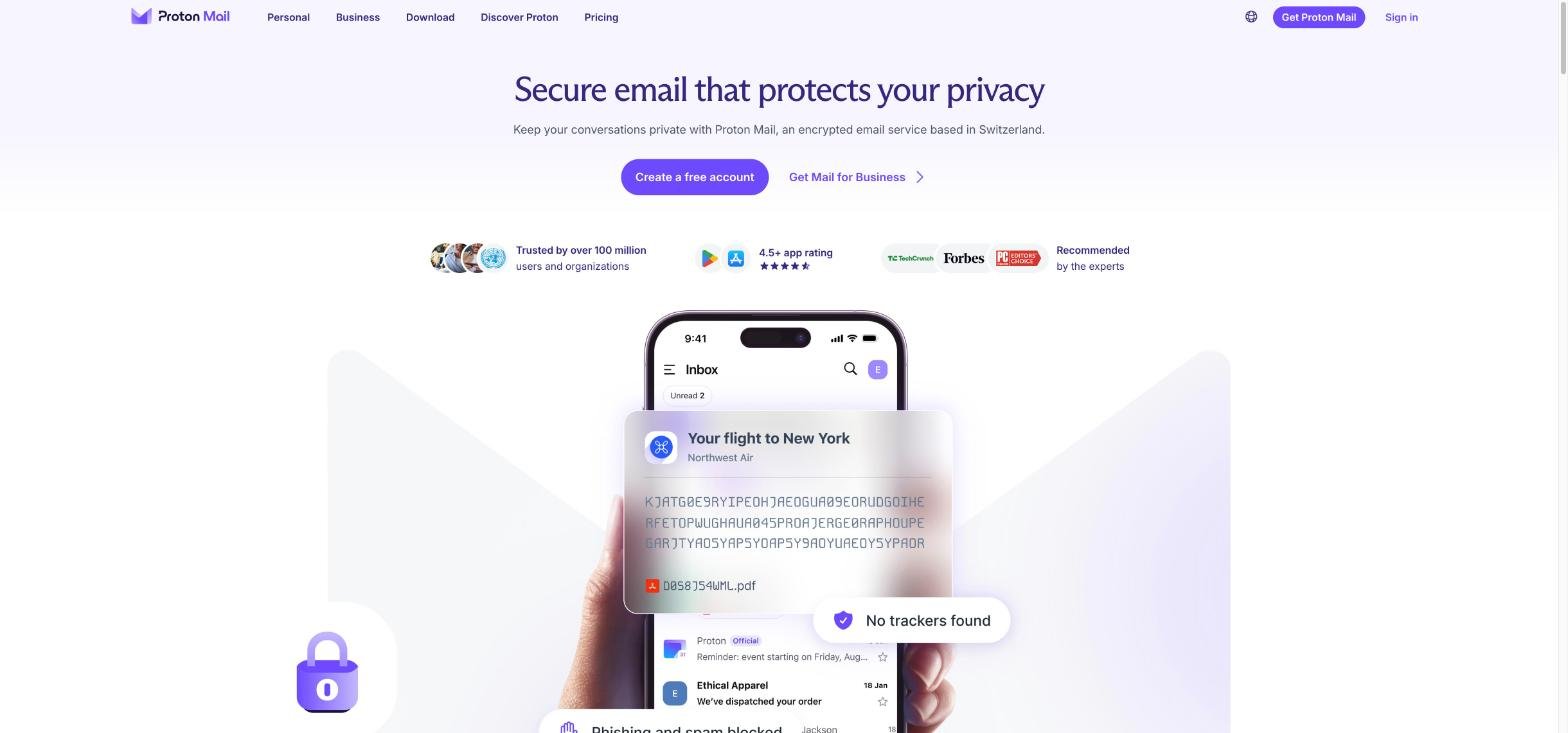 Proton Mail homepage: secure email that protects your privacy, an encrypted email service based in Switzerland
