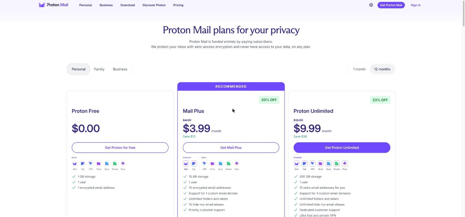 Proton Mail personal plans pricing: Proton Free, Mail Plus at $3.99 per month and Proton Unlimited at $9.99 per month on 12 months