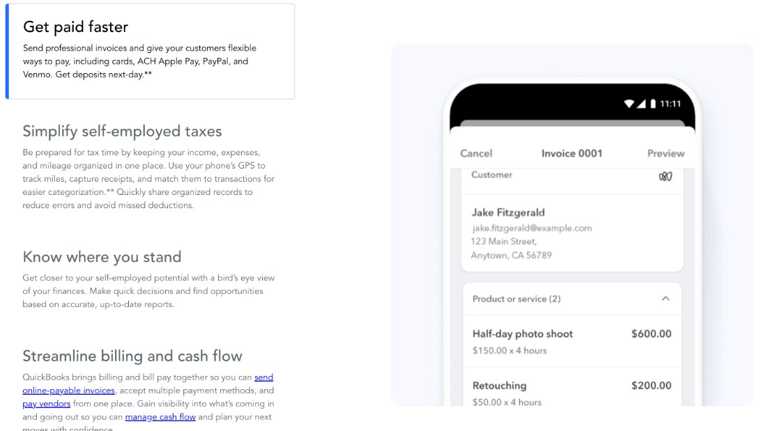 QuickBooks mobile invoice showing a customer and itemized services for a freelancer