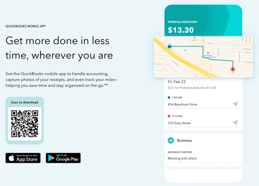 QuickBooks mobile app tracking a business trip with a map, route and potential mileage deduction
