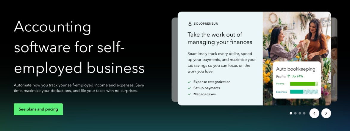 QuickBooks Solopreneur product page describing accounting software for self-employed business with auto bookkeeping