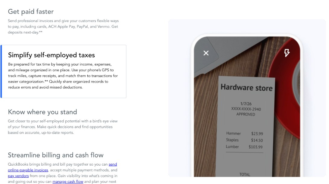 QuickBooks mobile app capturing a hardware store receipt next to the Simplify self-employed taxes feature description