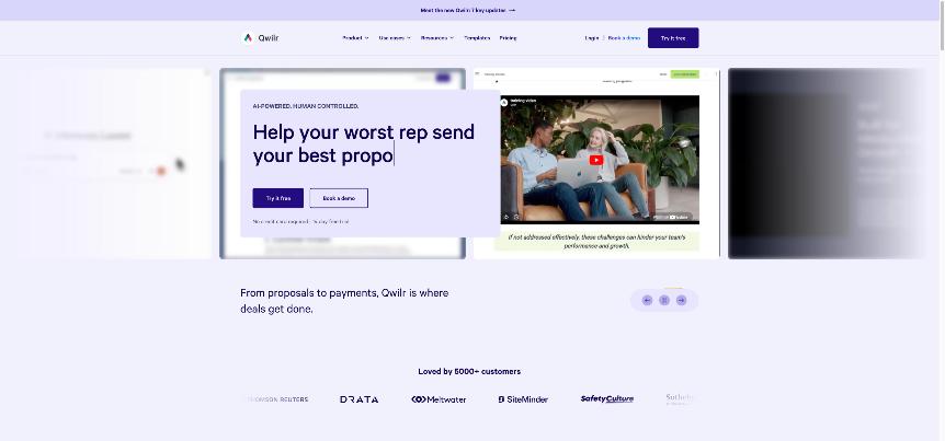 Qwilr homepage presenting interactive proposals from proposals to payments