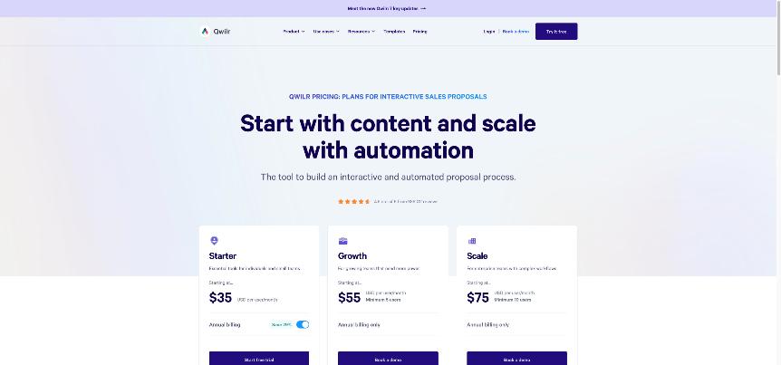 Qwilr pricing page showing Starter, Growth and Scale plans