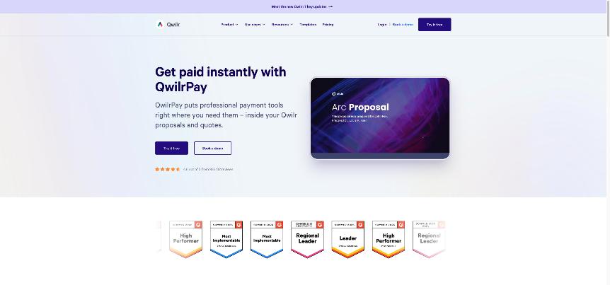 QwilrPay page about getting paid inside Qwilr proposals and quotes