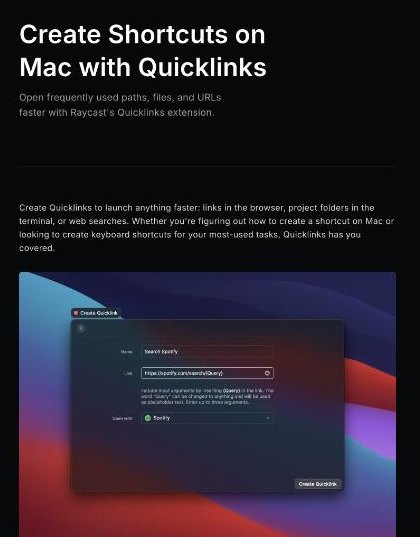Raycast Create Quicklink dialog with name, link with a query placeholder, and open-with app fields