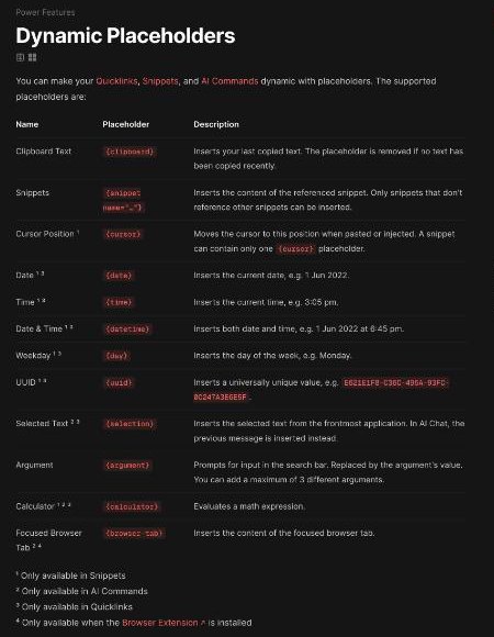 Raycast manual page listing dynamic placeholders such as clipboard, cursor, date, time and argument
