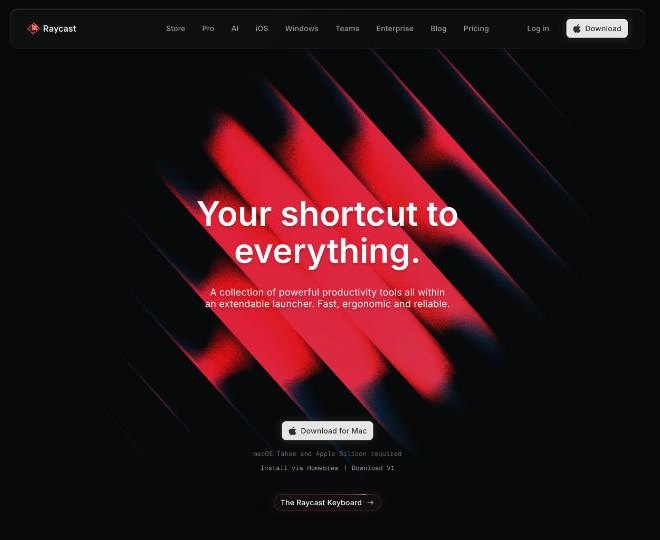 Raycast homepage describing a collection of productivity tools inside an extendable launcher