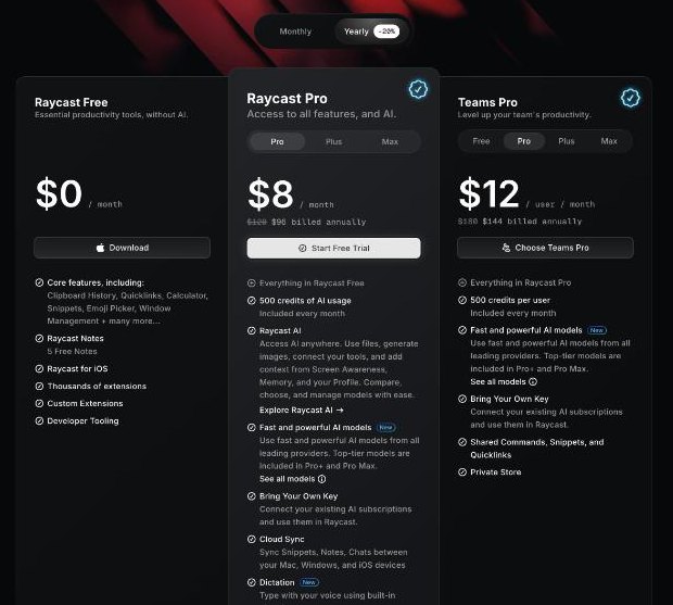 Raycast pricing page comparing Raycast Free, Raycast Pro and Teams Pro plans