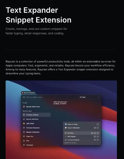 Raycast Search Snippets window listing saved text snippets with paste and copy actions