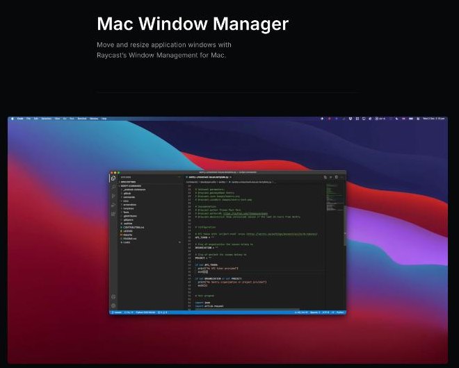 Raycast Mac Window Manager page showing a code editor window being resized on a desktop