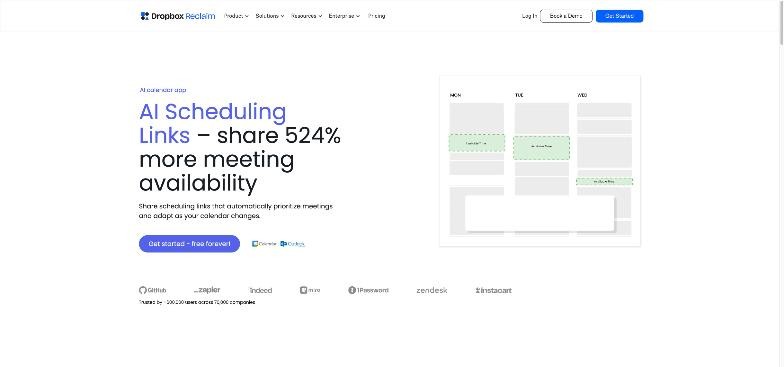 Reclaim AI Scheduling Links page with a calendar showing suggested meeting slots between existing blocks