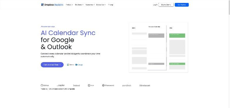 Dropbox Reclaim calendar sync page for Google and Outlook, showing a work calendar and a personal calendar side by side