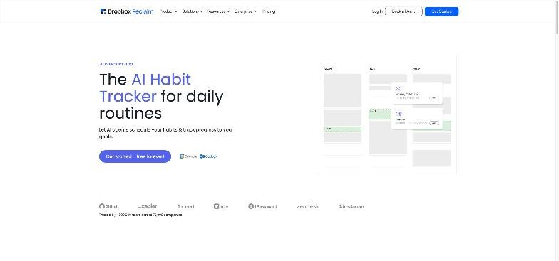 Reclaim Habits page titled The AI Habit Tracker for daily routines with habit blocks placed on a weekly calendar