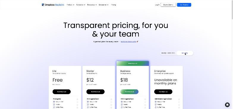 Reclaim pricing page on monthly billing showing Lite free, Starter at 12 dollars, Business at 18 dollars and Enterprise unavailable on monthly plans