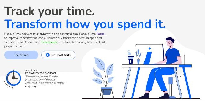 RescueTime homepage explaining its two tools, RescueTime Focus and RescueTime Timesheets