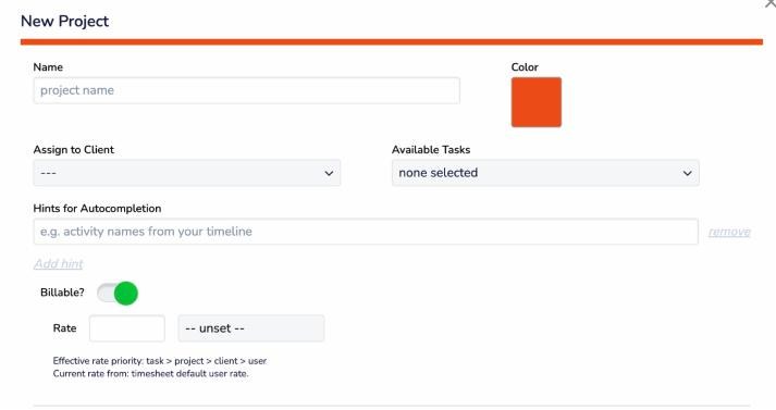 RescueTime New Project form with client assignment, autocompletion hints, a Billable toggle and a rate field