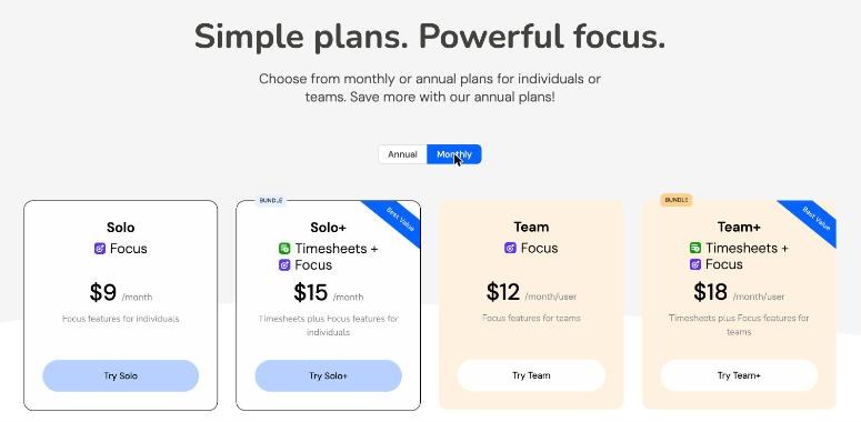 RescueTime pricing page on monthly billing showing Solo at 9 dollars, Solo+ at 15 dollars, Team at 12 and Team+ at 18