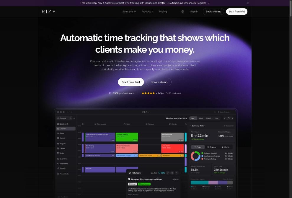 Rize homepage showing an automatic time tracking calendar with client time blocks