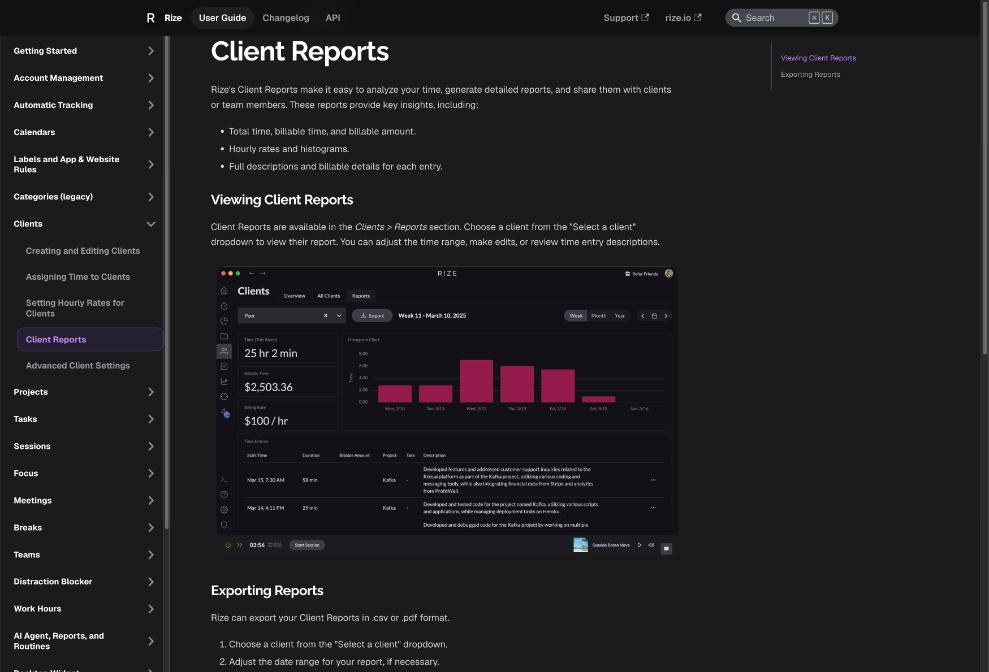 Rize Client Reports screen showing total time, billable amount, hourly rate and time entries