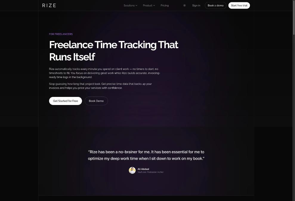 Rize page for freelancers describing time tracking that runs itself
