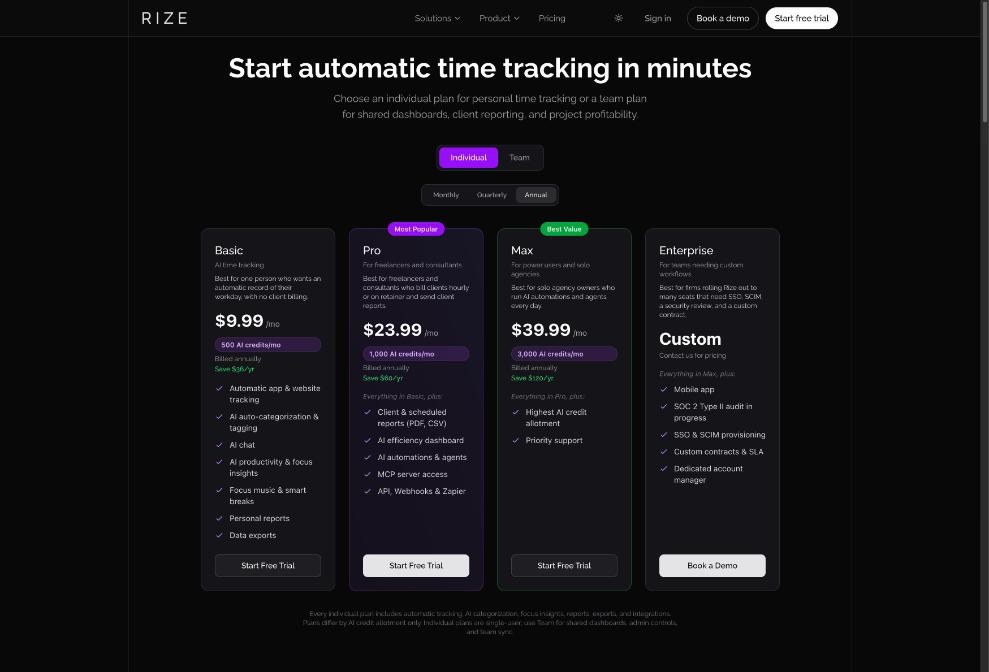 Rize pricing page comparing Basic, Pro, Max and Enterprise plans with AI credits
