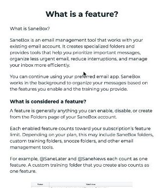 SaneBox help article explaining what counts as a feature, including custom training folders