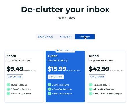 SaneBox pricing on monthly billing: Snack $9.49, Lunch $15.99, Dinner $42.99